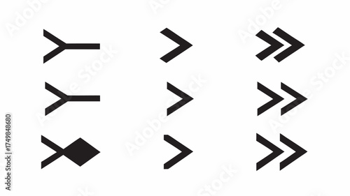 Illustration of nine black arrow symbols arranged in a three by three grid on a white background plain style | editable eps vectors silhouette