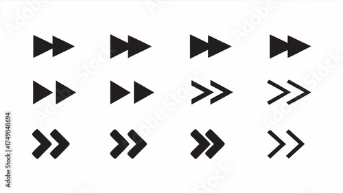 A collection of twelve forward arrow symbols arranged in a rectangular grid on a white background | editable eps vectors silhouette