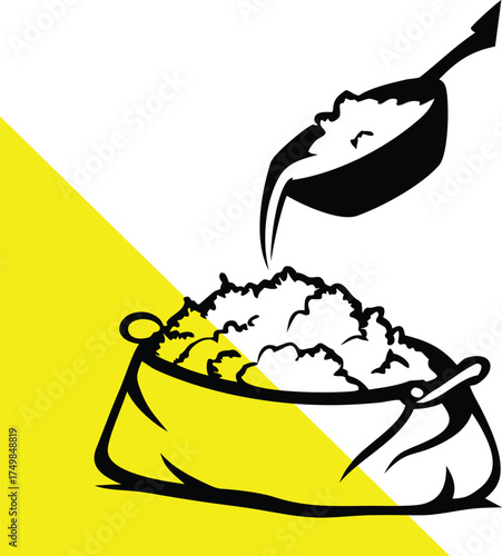 A black and white illustration of food being poured into a bowl silhouette