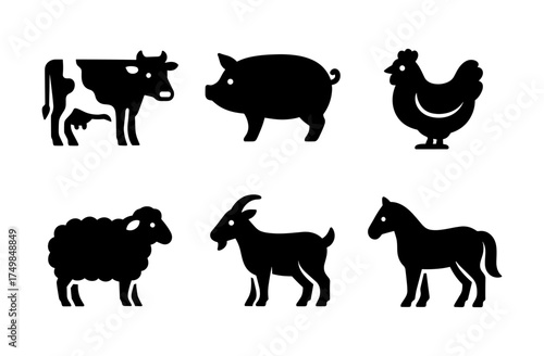 Farm animal silhouettes: cow, pig, chicken, sheep, goat, horse