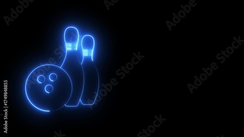 Glowing neon Bowling pin and ball icon isolated on black background.  Juggling clubs, circus skittles Sport equipment. 4K Video motion graphic animation .