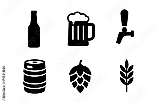 Craft beer icons set featuring bottle, mug, tap, barrel, hop, and wheat