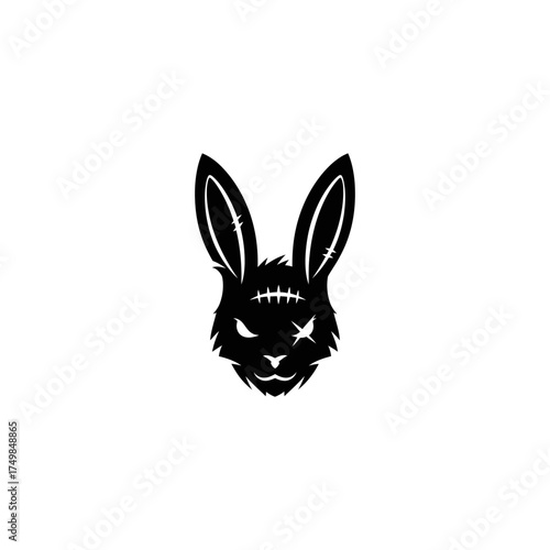 Silhouette of stylized rabbit head with stitched head and intense, beady-eyed stare