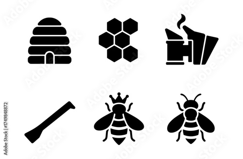 Silhouette icons of beekeeping equipment and bees set