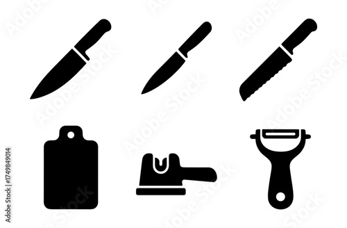 Kitchen tool silhouettes: knives, cutting board, sharpener, and peeler icons