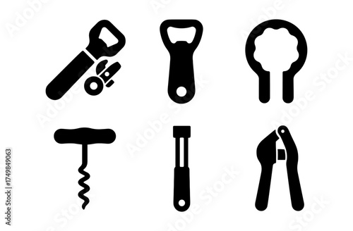 Set of six black silhouette bottle openers icons