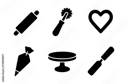 Baking tools icons set: rolling pin, pastry wheel, heart, icing bag, cake stand, spatula