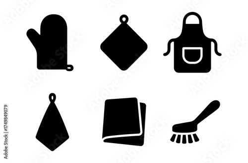 Kitchen tools silhouette: oven mitt, apron, and cleaning essentials icons