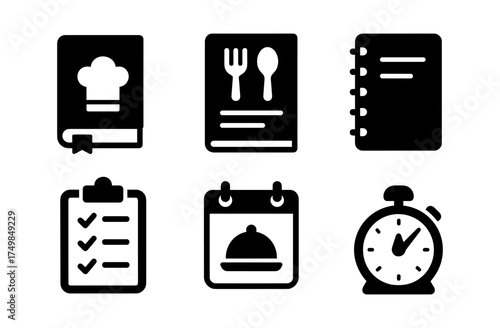 Culinary icon set: cooking, recipe, and kitchen tools in silhouette style