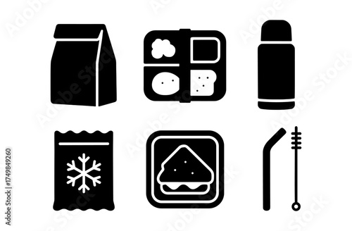Silhouette icons of lunch bag, bento box, thermos, ice pack, sandwich container, straw brush