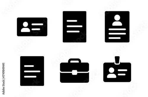 Monochrome business icon set featuring id cards and briefcase