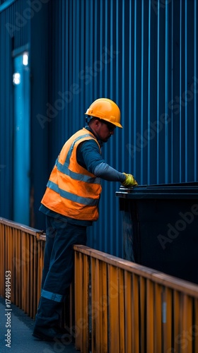 Construction worker in safety gear disposing waste in industrial area near blue corrugated wall