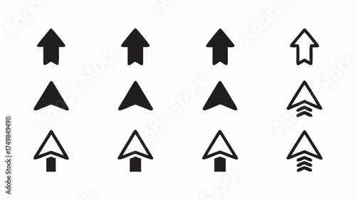 A collection of twelve arrow icons pointing upwards in various styles and designs arranged in a grid format | editable eps vectors silhouette