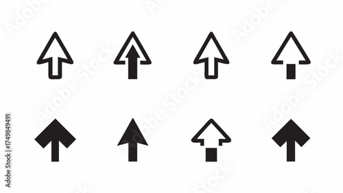 Collection of eight black and white upward pointing arrow icons in various styles and orientations | editable eps vectors silhouette