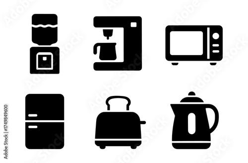 Set of essential kitchen appliance icons in minimalist black silhouette style