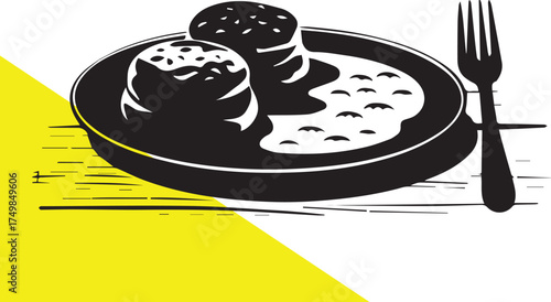 A dark silhouette of a plate with food and a fork nearby