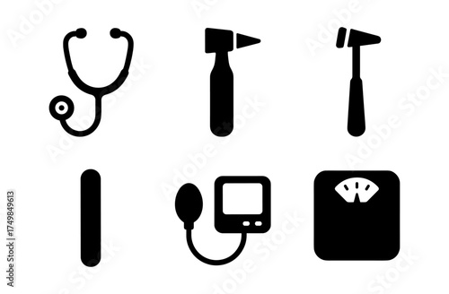 Medical tools icons: stethoscope, otoscope, reflex hammer, tongue depressor, blood pressure, scale
