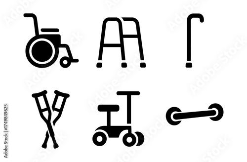 Essential mobility aids icon set: wheelchair, walker, cane, crutches, knee scooter, grab bar