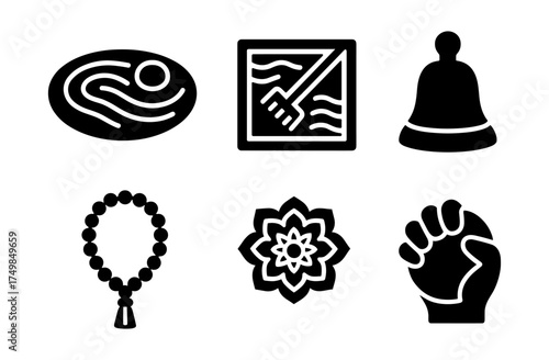Minimalist zen icons set including meditation, yoga, and peace symbols