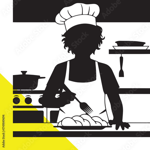 Chef preparing food in a kitchen a striking black and white silhouette