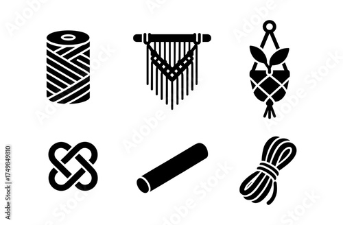 Minimalist silhouette icons of macrame and craft supplies