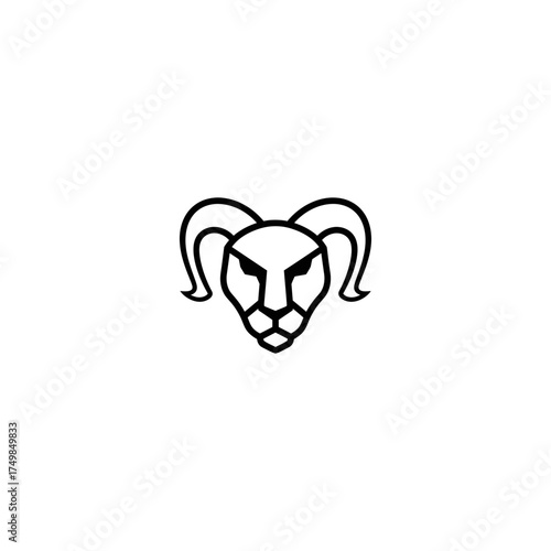Stylized outline of animal head with curled horns and intense gaze in black and white