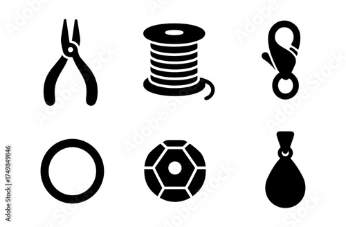 Set of black silhouette jewelry making tools and accessories icons