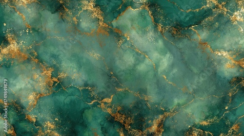 An elegant vintage green wallpaper with marbled stone texture, gold accents, and distressed edges, evoking old-world luxury.