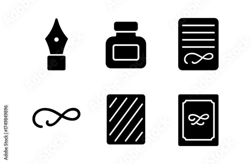 Classic writing icons: pen nib, ink bottle, manuscript, and elegant flourishes in black silhouette