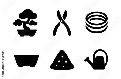 Minimalist gardening tools and bonsai silhouette set for horticulture enthusiasts