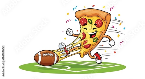 A slice of pepperoni pizza with cheese stretching out, running with a football on a green field, isolated on white background
