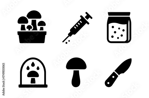 Mushroom cultivation icons: syringe, jar, terrarium, knife, and fungi symbols