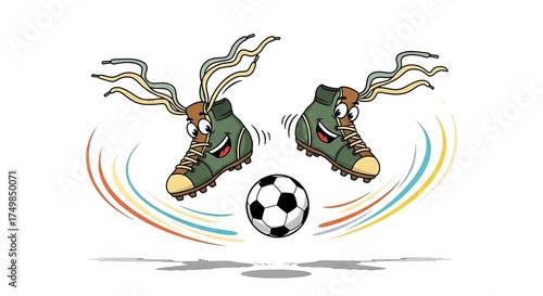 Cartoon soccer shoes with faces playing with a soccer ball, isolated on white background