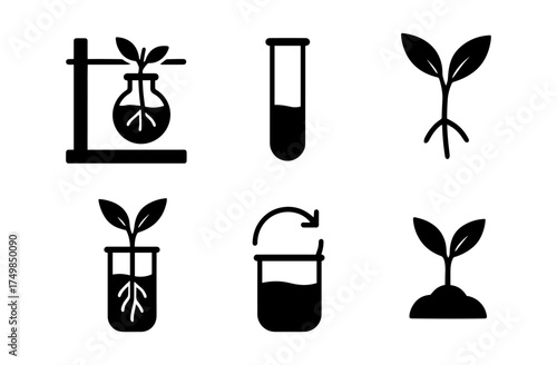 Silhouette icons of plant growth and laboratory experimentation