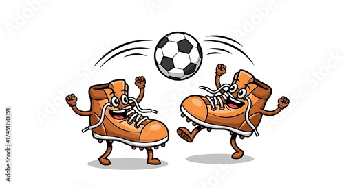 Two cartoon hiking boots playing soccer with a ball, isolated on white background