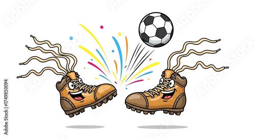 Cartoon hiking boots playing soccer with a ball and colorful confetti, isolated on white background