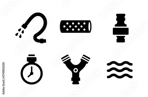 Watering and irrigation equipment icons set in black silhouette style