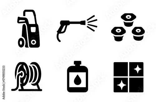 Silhouette icons of pressure washer equipment and cleaning supplies