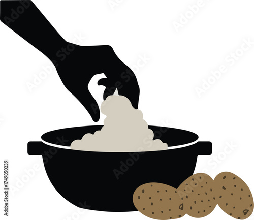 Hand adding ingredients to a bowl with potatoes nearby illustration