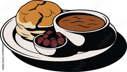 A savory meal featuring a roll gravy and a side of cranberries