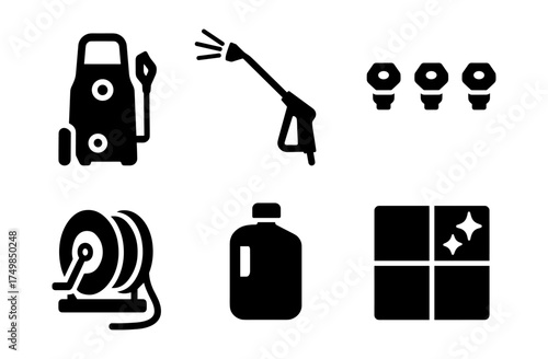Pressure washer cleaning tools icons in flat style