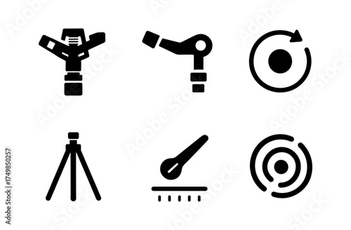 Minimalist black industrial icons: bold signage for machinery and engineering