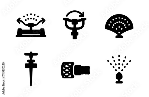 Set of garden sprinkler icons with various designs for irrigation systems