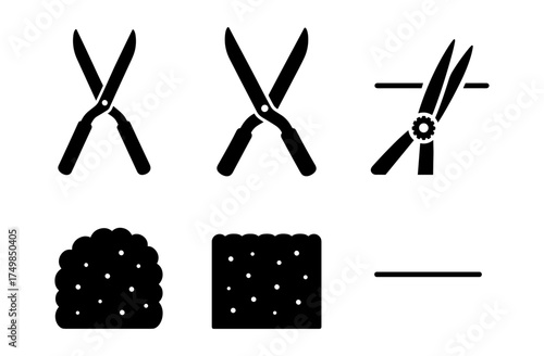 Garden tools and hedge shapes in simple black silhouettes