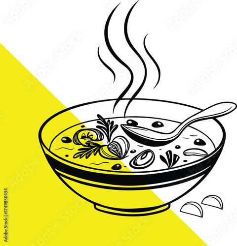 A steaming bowl of soup with herbs and a spoon silhouette