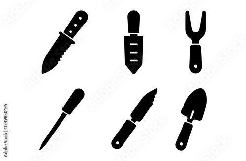 Silhouette icons of garden tools: knife, trowel, fork, and more in black
