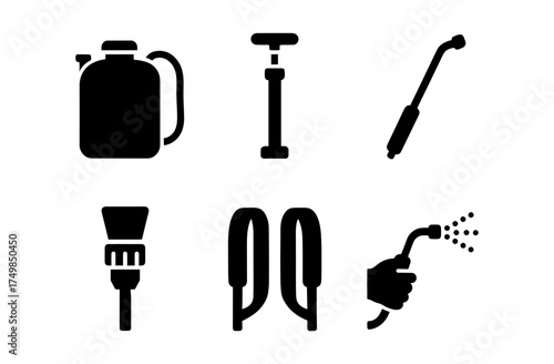 Silhouette garden tools collection: sprayer, pump, hose, and more