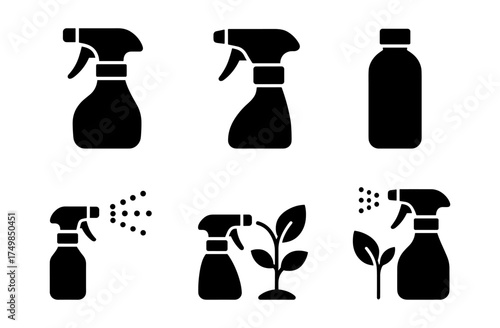 Black spray bottle silhouettes for cleaning and gardening
