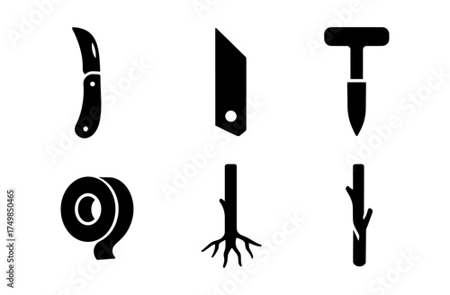 Silhouette tool icons set: knives, tape, roots