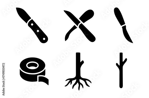 Set of gardening tools and plant icons in simple black silhouette style